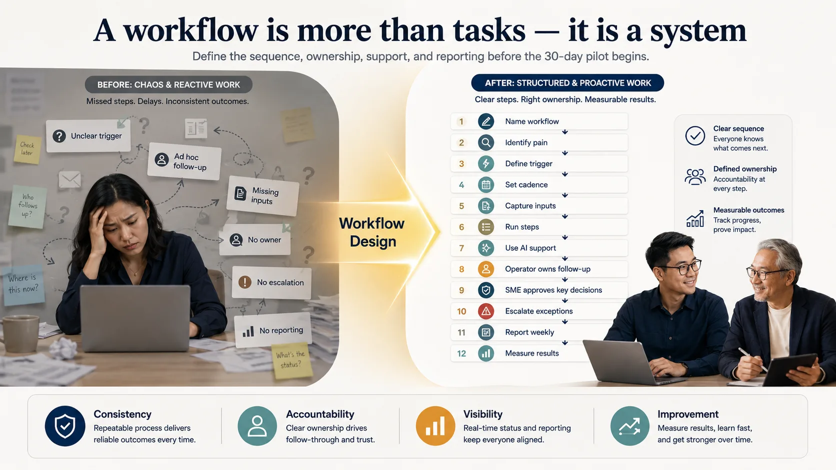 End-to-end workflow system diagram showing before and after states: from chaos and reactive work to structured and proactive work owned by an operator