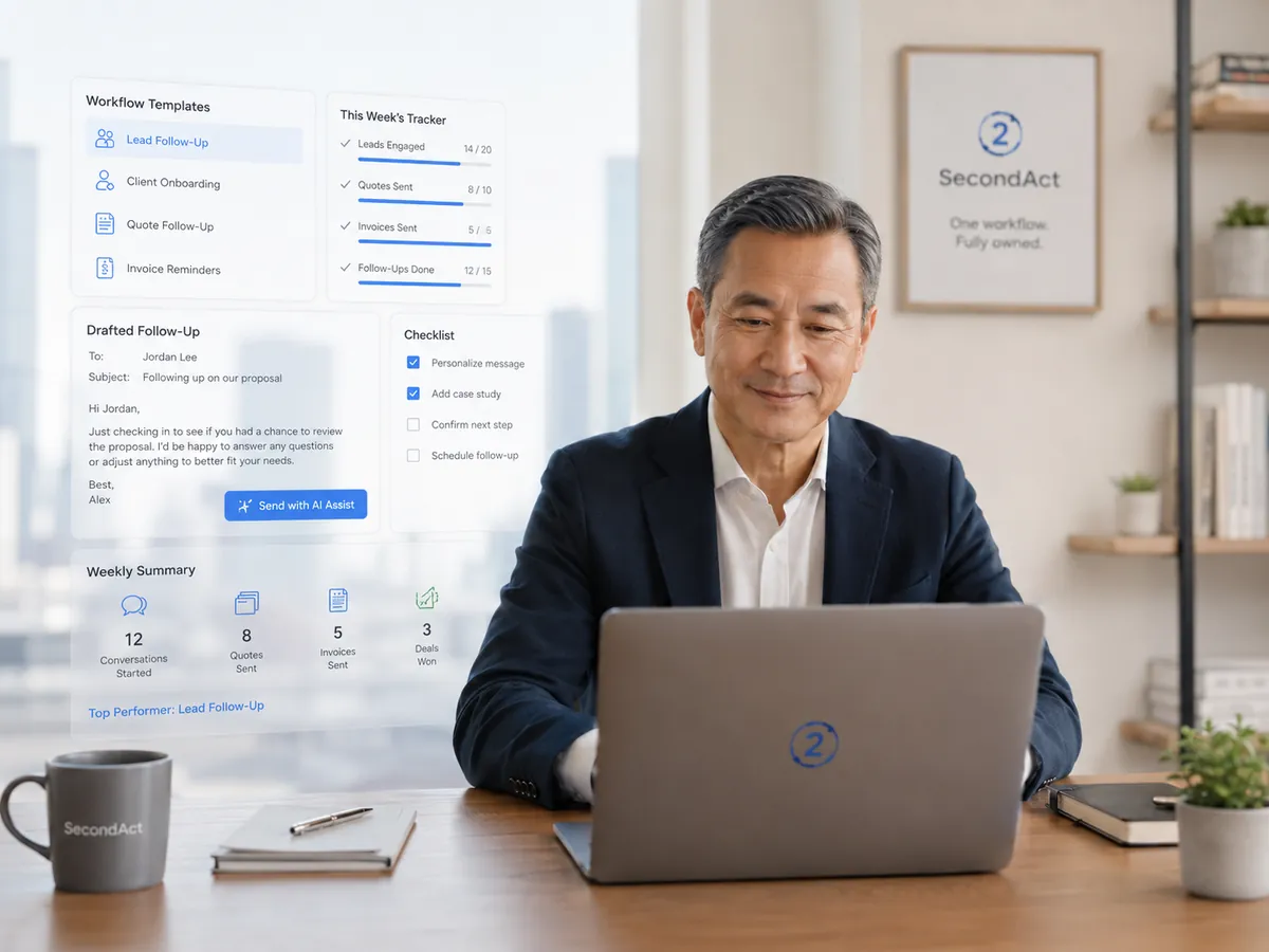 Singapore SME owner reviewing weekly workflow tracker, drafted follow-ups, and checklist with SecondAct